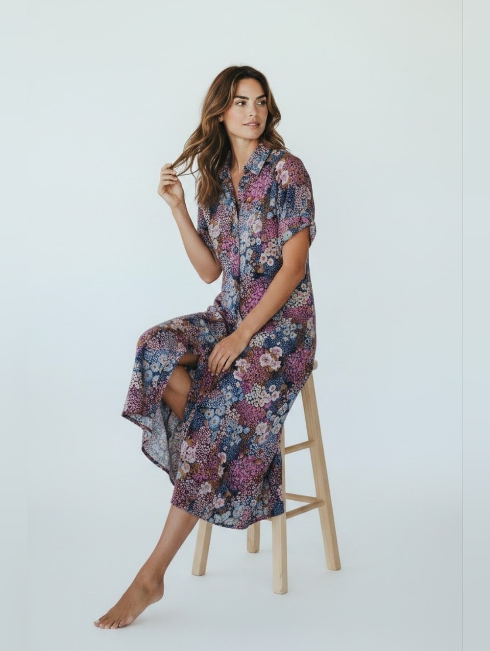 90's Dress Maxi Multi Floral Collared Neckline Full Button Down Front Pockets